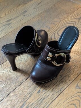 Coach Vintage Y2K Dark Brown Leather Heeled Mules with Gold Buckle